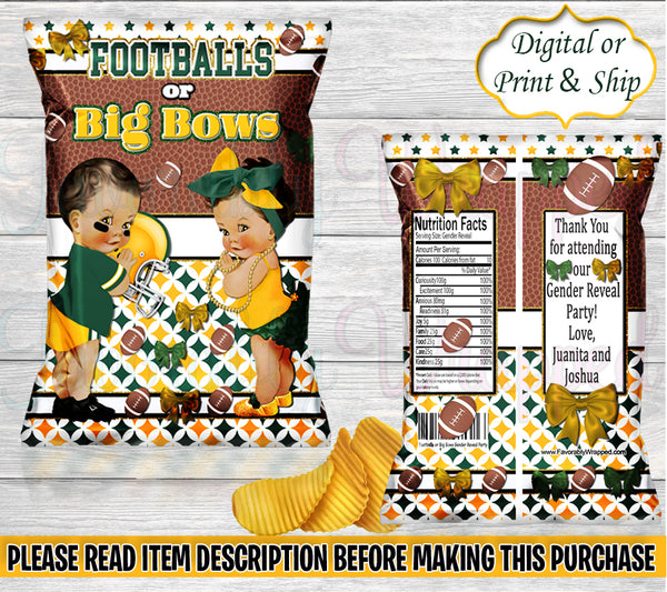 Footballs or Big Bows Chip Bag-Quarterback or Cheerleader Gender Reveal-Touchdown or Tutus Chip Bag-Football Gender Reveal-Football Favors