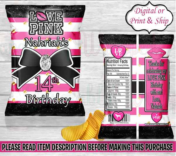 Victoria Secret Pink Chip Bag-VS Pink Birthday-VS Pink Party-Victoria Secret Sweet 16-Chip Bag-Favor Bags-Pink Party-Pink Birthday