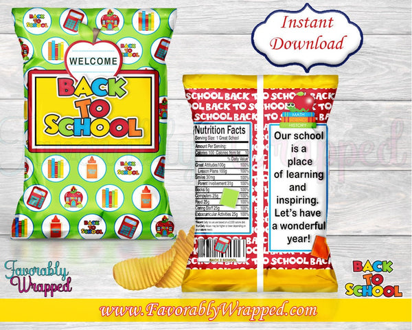 Back To School Chip Bags-Teacher-Students-Back To School-Favor Bag-Candy Bag-Chip Bag-Digital-Instant Download-First Day of School