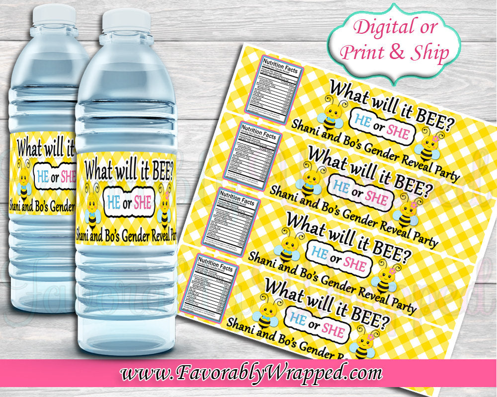 What will it Bee Bumble Bee Gender Reveal Water Bottle Label-What Will – Favorably Wrapped for Free Printable Gender Reveal Labels