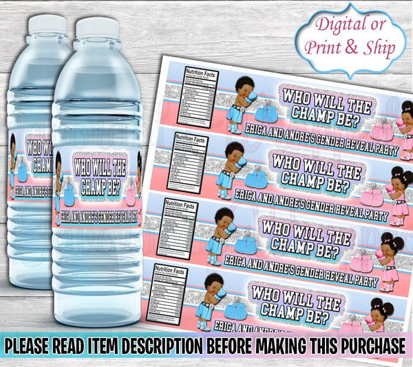 Boxing Water Label-Boxing Birthday-Boxing Gender Reveal Party-Boxing Baby Shower-Boxing Party Favors-Champ Water Label-Pink and Blue Shower