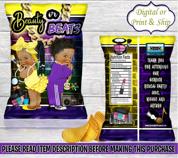 Beauty or Beats Chip Bag-Beauty or Beats Gender Reveal Party-Beauty or Beats Treat Bag-Hip Hop Chip Bag-90's Chip Bag-80's Chip Bag