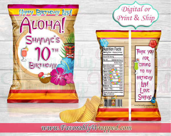 Aloha Chip Bag-Hawaiian Chip Bag-Luau Chip Bag-Luau Party-Aloha Party-Luau Birthday-Hawaiian Birthday Party-Tropical Birthday-Tropical Party