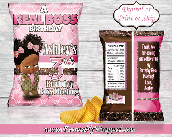 Gucci Inspired Girl Boss Birthday Chip Bag-Boss Baby-Boss Baby Birthday-Boss Baby Chip Bag Labels-Pink Gucci Boss Baby Chip Bag
