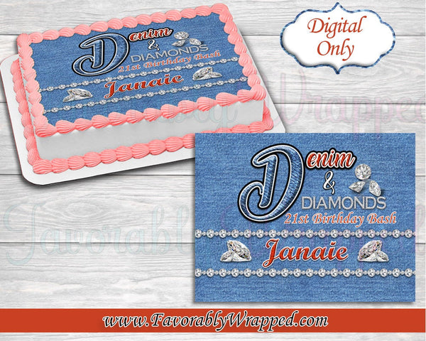 Denim and Diamonds 21st Birthday Cake Image-Denim Party-Denim Birthday-Edible Cake Image-21st Birthday-Cake Decoration-DIGITAL ONLY