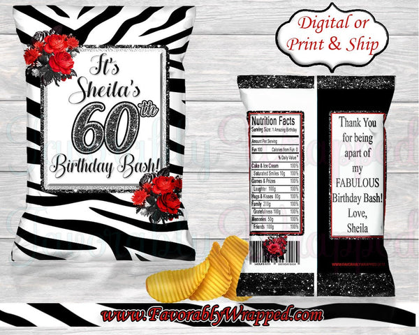 Zebra Print Birthday Chip Bag-Animal Print Chip Bag-Black and White Birthday-Black and White Chip Bag-30th Birthday-40th Birthday