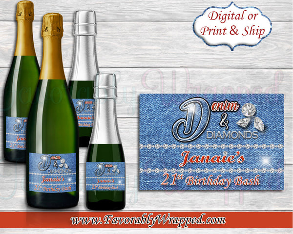 Denim and Diamonds Birthday Champagne Labels-Denim Labels-Denim and Diamonds-Champagne Labels-Denim Party