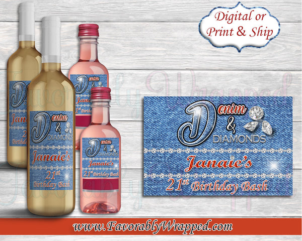 Denim and Diamonds 21st Birthday Wine Labels-Denim Labels-Denim and Diamonds-21st Birthday-Wine Labels-Denim Party-50th Birthday