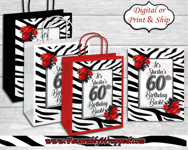 Zebra Print Birthday Gift Bag Labels-Animal Print Gift Bags-Gift Bag Labels-Safari Birthday-21st Birthday-Zebra Favor Bag-40th Birthday