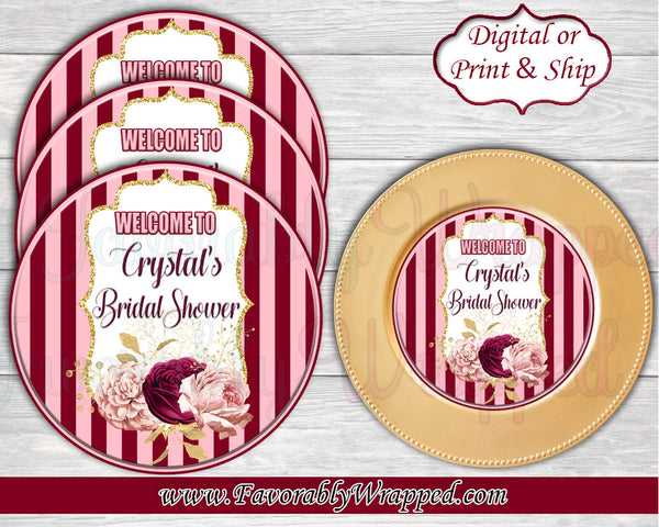Burgundy and Pink Bridal Shower Charger Inserts-Maroon and Pink Charger Insert-Paper Plate Inserts-Bridal Shower Charger Inserts-Menu