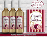 Burgundy and Pink Bridal Shower Wine Bottle Labels-Maroon and Pink Wine Label-Maroon Wine Bottle Label-Bridal Shower Wine Bottle Label-Menu
