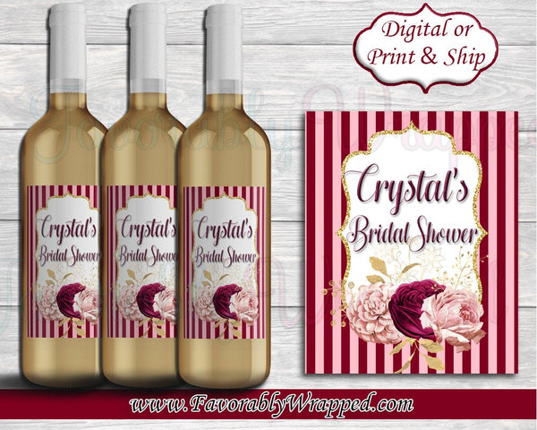 Burgundy and Pink Bridal Shower Wine Bottle Labels-Maroon and Pink Wine Label-Maroon Wine Bottle Label-Bridal Shower Wine Bottle Label-Menu