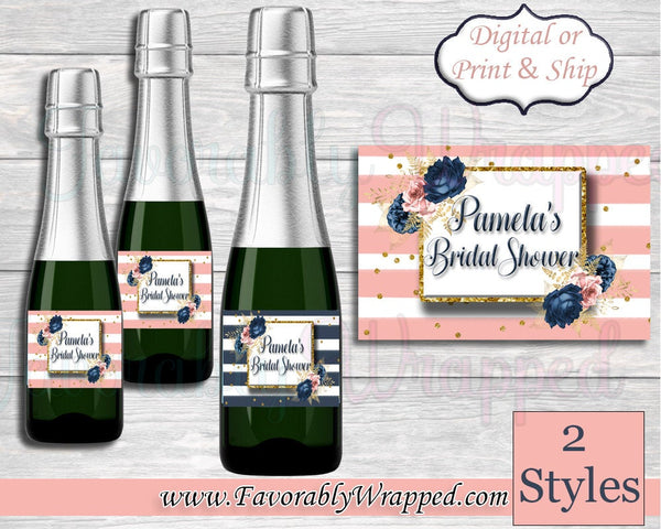 Navy Blue and Blush Bridal Shower Mini Champagne Bottle Labels-Navy and Blush Champagne Label-Bridal Shower Champagne Label-Menu