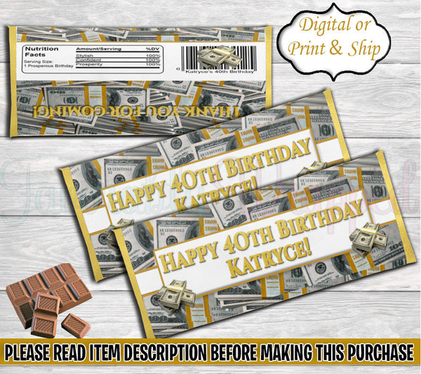 Money Hershey Bar Wrapper-Dollar Bill Hershey Wrapper-All About the Benjamins Birthday-Money Birthday-Money Chip Bag