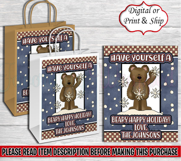 Beary Happy Holidays Gift Bag-Christmas Gift Bag Labels-Christmas Treat Bag-Christmas Favor Bag-Bear Gift Bag-Bear Favor Bag