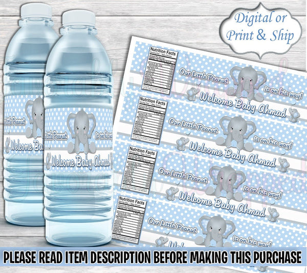 Elephant Water Label-Our Little Peanut Baby Shower-Baby Elephant Water Labels-Elephant Baby Shower-It's a Boy-Its a Girl-Water Labels