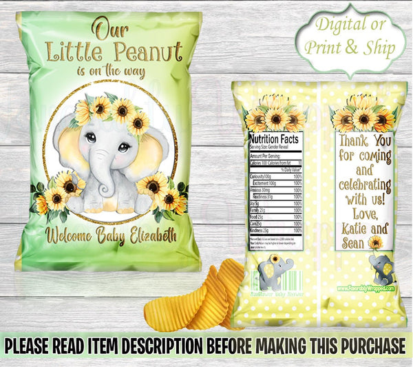 Sunflower Elephant Chip Bag-Our Little Peanut Baby Shower-Baby Elephant Baby Shower-Elephant Baby Shower-Our little Peanut Chip Bag