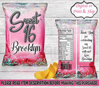 Sweet 16 Chip Bag-Pink and Black Chip Bag-Sweet Sixteen Birthday-Sweet 16 Party-Sweet 16 Treat Bag-Sweet 16 Favor Bag