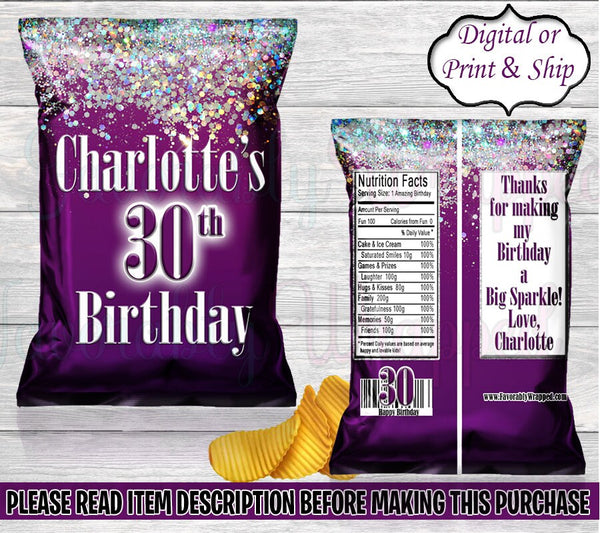 Purple and White Chip Bag-Sweet 16 Chip Bag-Purple and Silver Chip Bag-Sweet 16 Party-Sweet 16 Treat Bag-Sweet 16 Favor Bag-Sparkle Chip Bag
