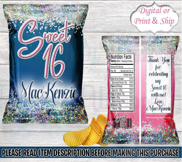 Sweet 16 Chip Bag-Pink and Blue Chip Bag-Blue Chip Bag-Sweet Sixteen Birthday-Sweet 16 Party-Sweet 16 Treat Bag-Sweet 16 Favor Bag