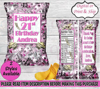 Money Chip Bag-Dollar Bill Chip Bag-Money Birthday-All About the Benjamins Party-Dollar Party Favors-Money Treat Bag-Pink Money Chip Bag