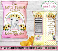 Sunflower Elephant Chip Bag-Our Little Peanut Baby Shower-Baby Elephant Baby Shower-Elephant Baby Shower-Our little Peanut Chip Bag