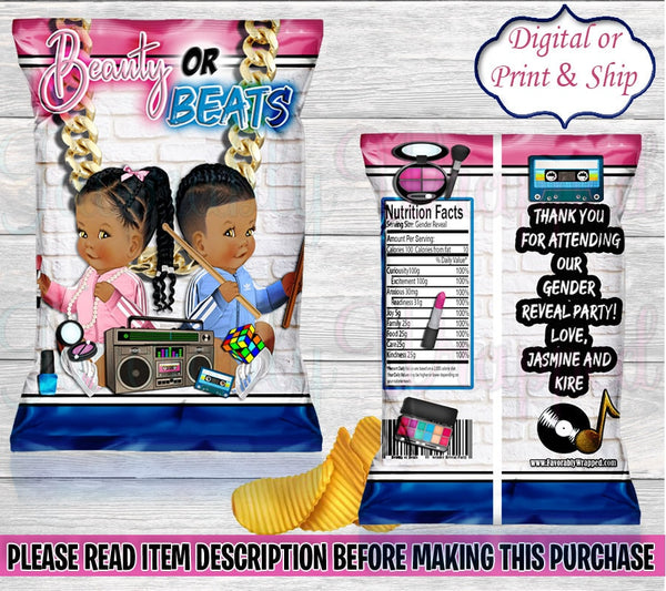 Beauty or Beats Chip Bag-Beauty or Beats Gender Reveal Party-Beauty or Beats Treat Bag-Hip Hop Chip Bag-90's Chip Bag-80's Chip Bag