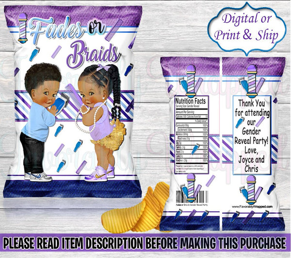 Fades or Braids Chip Bag-Fades or Braids Gender Reveal-Purple or Blue Gender Reveal-Bows or Fros Chip Bag-Barber Chip Bag-Hair Chip Bag