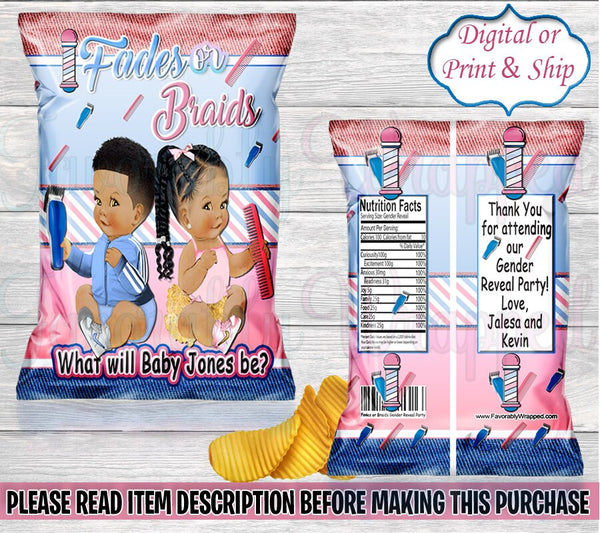 Fades or Braids Chip Bag-Fades or Braids Gender Reveal-Pink or Blue Gender Reveal-Bows or Fros Chip Bag-Barber Chip Bag-Hair Chip Bag
