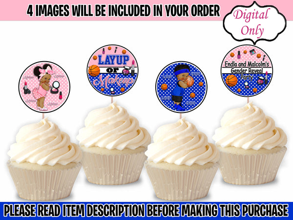 Layup or Makeup Cupcake Toppers-Cupcake Toppers-Layup or Makeup Gender Reveal Party-Free Throws or Pink Bows Chip Bag-Layup or Makeup