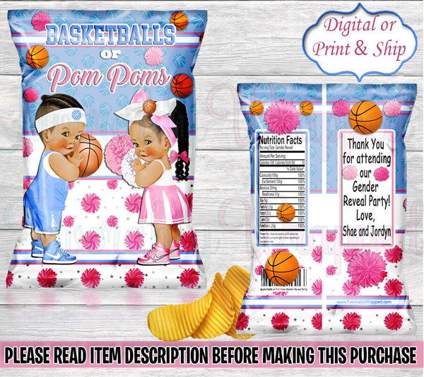 Basketballs or Pompoms Chip Bag-Basketballs or PomPoms Gender Reveal-Free Throws or Pink Bows Decorations-Free Throws or Pink Bows Chip Bag