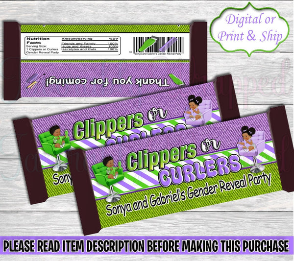 Clippers or Curlers Chocolate Bar Wrapper-Clippers or Curlers Gender Reveal-Fades or Braids Gender Reveal-Barber Chocolate Bar